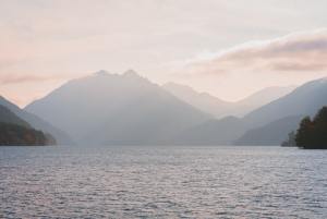 Lake with mountains in background